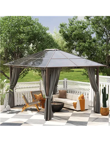 Outsunny 3 x 3.6m Hardtop Gazebo Canopy with Polycarbonate Roof Garden Pavilion with Removable Curtains and Steel Frame, Dark Gr