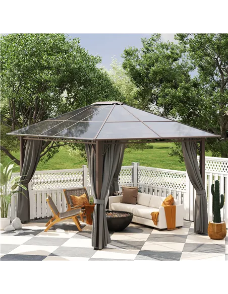 Outsunny 3 x 3.6m Hardtop Gazebo Canopy with Polycarbonate Roof Garden Pavilion with Removable Curtains and Steel Frame, Dark Gr