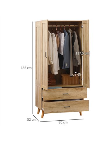 HOMCOM 2 Door Wardrobe, Modern Wardrobe with 2 Drawer and Hanging Rail for Bedroom, Natural
