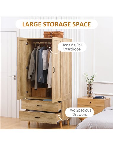 HOMCOM 2 Door Wardrobe, Modern Wardrobe with 2 Drawer and Hanging Rail for Bedroom, Natural