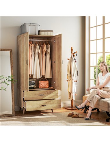 HOMCOM 2 Door Wardrobe, Modern Wardrobe with 2 Drawer and Hanging Rail for Bedroom, Natural