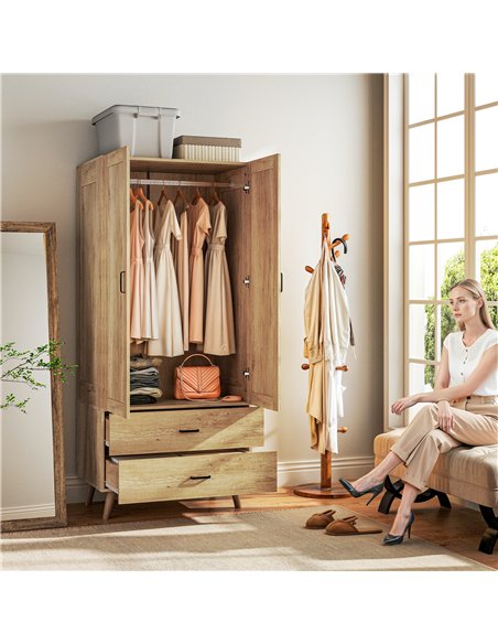 HOMCOM 2 Door Wardrobe, Modern Wardrobe with 2 Drawer and Hanging Rail for Bedroom, Natural