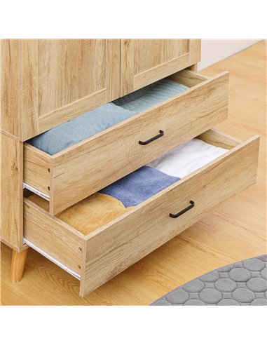 HOMCOM 2 Door Wardrobe, Modern Wardrobe with 2 Drawer and Hanging Rail for Bedroom, Natural