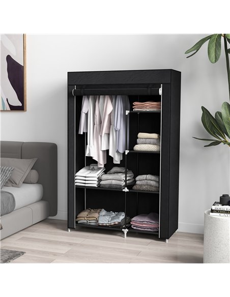 HOMCOM Fabric Wardrobe, Portable Wardrobe with 6 Shelves, 1 Hanging Rail, Foldable Closets, 103 x 43 x 162.5 cm, Black