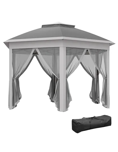Outsunny 3 x 4m Garden Gazebo Hexagon Pop Up Gazebo Party Tent Canopy Double Roof Instant Shelter with Netting and Carry Bag for