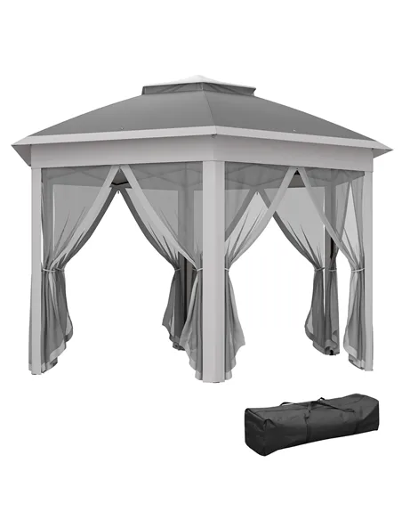 Outsunny 3 x 4m Garden Gazebo Hexagon Pop Up Gazebo Party Tent Canopy Double Roof Instant Shelter with Netting and Carry Bag for