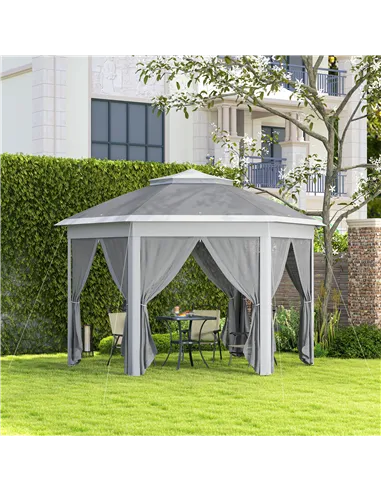 Outsunny 3 x 4m Garden Gazebo Hexagon Pop Up Gazebo Party Tent Canopy Double Roof Instant Shelter with Netting and Carry Bag for