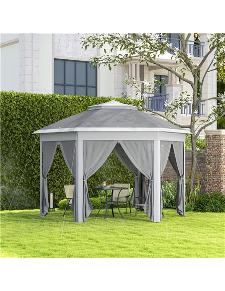 Outsunny 3 x 4m Garden Gazebo Hexagon Pop Up Gazebo Party Tent Canopy Double Roof Instant Shelter with Netting and Carry Bag for