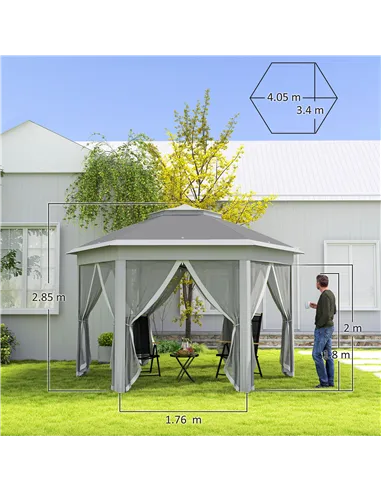 Outsunny 3 x 4m Garden Gazebo Hexagon Pop Up Gazebo Party Tent Canopy Double Roof Instant Shelter with Netting and Carry Bag for