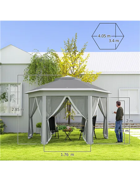 Outsunny 3 x 4m Garden Gazebo Hexagon Pop Up Gazebo Party Tent Canopy Double Roof Instant Shelter with Netting and Carry Bag for