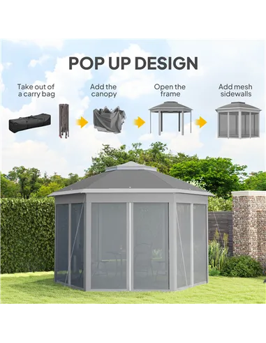 Outsunny 3 x 4m Garden Gazebo Hexagon Pop Up Gazebo Party Tent Canopy Double Roof Instant Shelter with Netting and Carry Bag for
