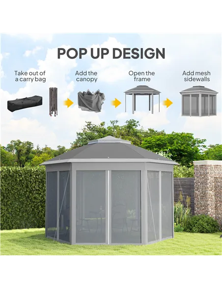 Outsunny 3 x 4m Garden Gazebo Hexagon Pop Up Gazebo Party Tent Canopy Double Roof Instant Shelter with Netting and Carry Bag for