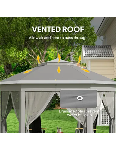 Outsunny 3 x 4m Garden Gazebo Hexagon Pop Up Gazebo Party Tent Canopy Double Roof Instant Shelter with Netting and Carry Bag for