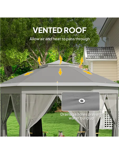 Outsunny 3 x 4m Garden Gazebo Hexagon Pop Up Gazebo Party Tent Canopy Double Roof Instant Shelter with Netting and Carry Bag for