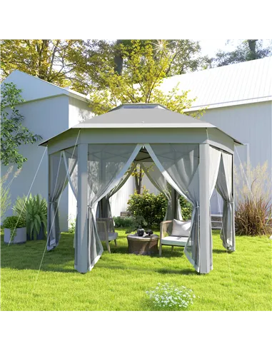 Outsunny 3 x 4m Garden Gazebo Hexagon Pop Up Gazebo Party Tent Canopy Double Roof Instant Shelter with Netting and Carry Bag for