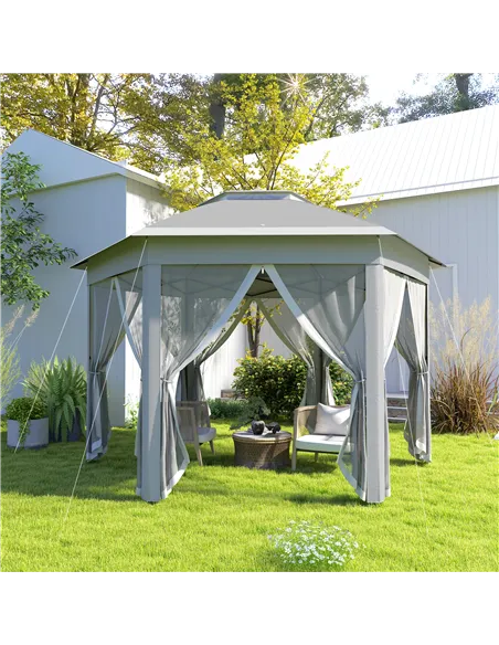 Outsunny 3 x 4m Garden Gazebo Hexagon Pop Up Gazebo Party Tent Canopy Double Roof Instant Shelter with Netting and Carry Bag for