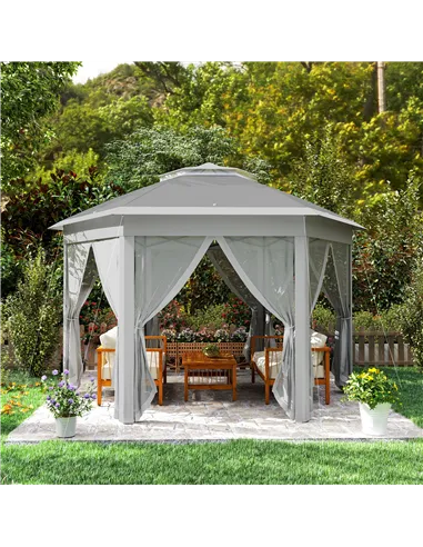 Outsunny 3 x 4m Garden Gazebo Hexagon Pop Up Gazebo Party Tent Canopy Double Roof Instant Shelter with Netting and Carry Bag for
