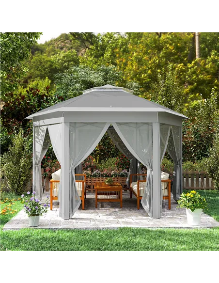 Outsunny 3 x 4m Garden Gazebo Hexagon Pop Up Gazebo Party Tent Canopy Double Roof Instant Shelter with Netting and Carry Bag for