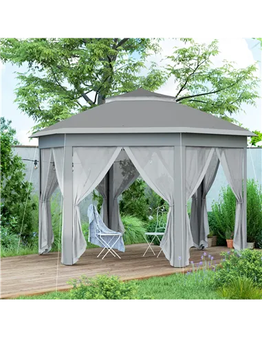 Outsunny 3 x 4m Garden Gazebo Hexagon Pop Up Gazebo Party Tent Canopy Double Roof Instant Shelter with Netting and Carry Bag for
