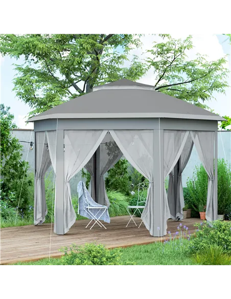 Outsunny 3 x 4m Garden Gazebo Hexagon Pop Up Gazebo Party Tent Canopy Double Roof Instant Shelter with Netting and Carry Bag for