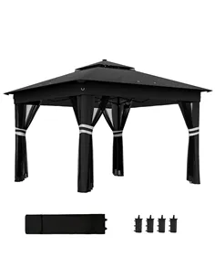 Outsunny 3 x 3(m) Pop Up Gazebo Party Tent with Solar-Powered LED Lights, Adjustable Event Shelter with Netting, Black