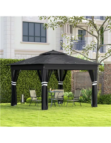 Outsunny 3 x 3(m) Pop Up Gazebo Party Tent with Solar-Powered LED Lights, Adjustable Event Shelter with Netting, Black