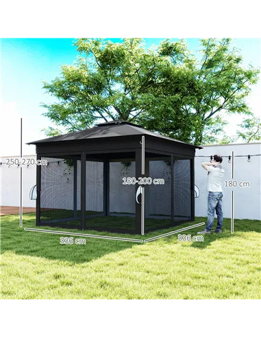 Outsunny 3 x 3(m) Pop Up Gazebo Party Tent with Solar-Powered LED Lights, Adjustable Event Shelter with Netting, Black