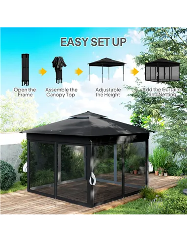 Outsunny 3 x 3(m) Pop Up Gazebo Party Tent with Solar-Powered LED Lights, Adjustable Event Shelter with Netting, Black