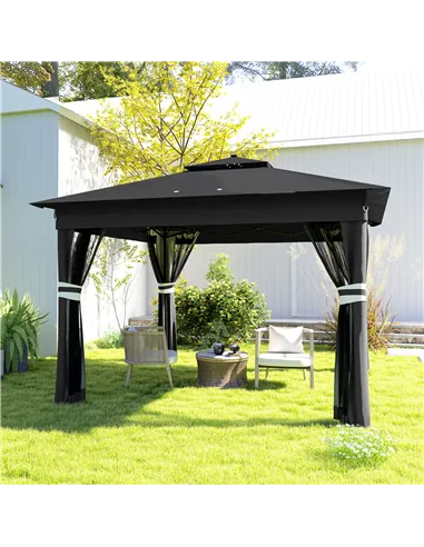 Outsunny 3 x 3(m) Pop Up Gazebo Party Tent with Solar-Powered LED Lights, Adjustable Event Shelter with Netting, Black