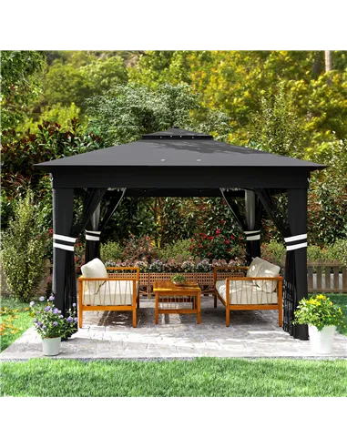 Outsunny 3 x 3(m) Pop Up Gazebo Party Tent with Solar-Powered LED Lights, Adjustable Event Shelter with Netting, Black