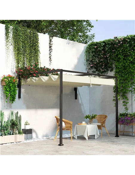 Outsunny 2 x 3(m) Lean To Steel Pergola, with Moving Fabric Canopy - Khaki