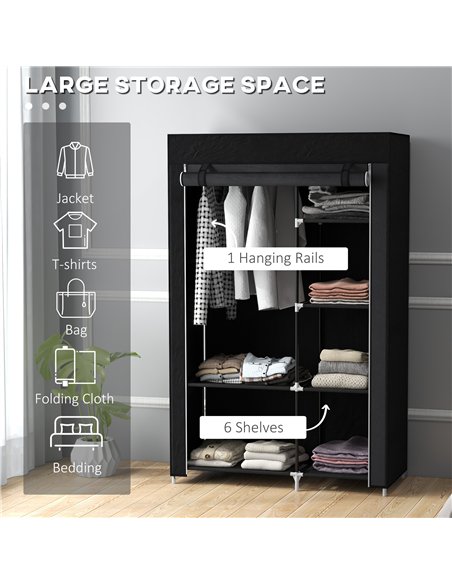 HOMCOM Fabric Wardrobe, Portable Wardrobe with 6 Shelves, 1 Hanging Rail, Foldable Closets, 103 x 43 x 162.5 cm, Black