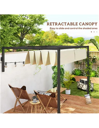 Outsunny 2 x 3(m) Lean To Steel Pergola, with Moving Fabric Canopy - Khaki