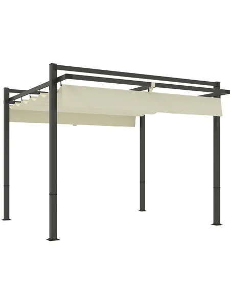 Outsunny 3 x 3m Aluminium Pergola, with Retractable Roof - Grey/Khaki