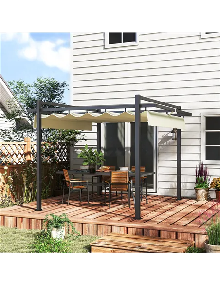 Outsunny 3 x 3m Aluminium Pergola, with Retractable Roof - Grey/Khaki