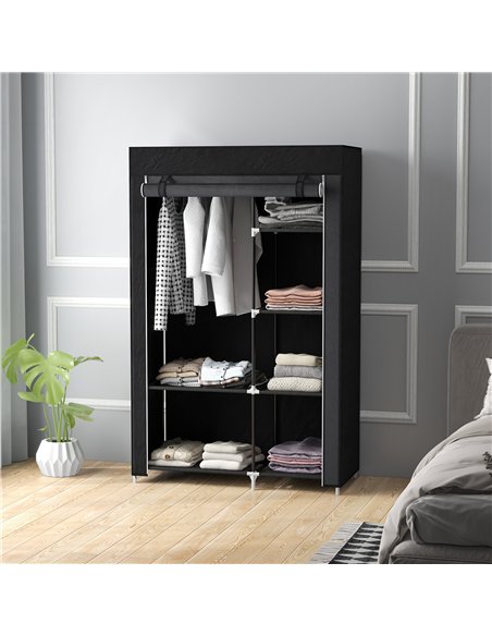 HOMCOM Fabric Wardrobe, Portable Wardrobe with 6 Shelves, 1 Hanging Rail, Foldable Closets, 103 x 43 x 162.5 cm, Black