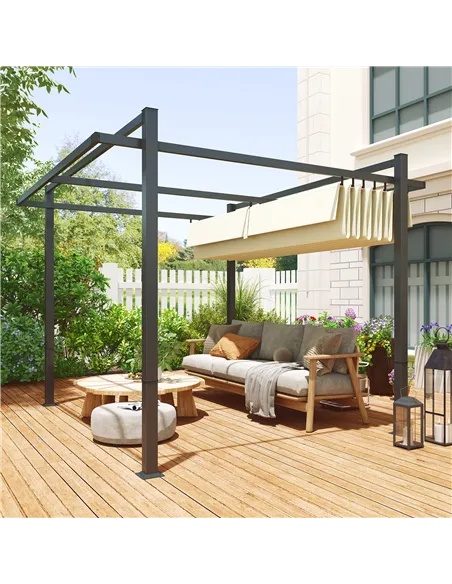 Outsunny 3 x 3m Aluminium Pergola, with Retractable Roof - Grey/Khaki