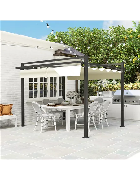 Outsunny 3 x 3m Aluminium Pergola, with Retractable Roof - Grey/Khaki