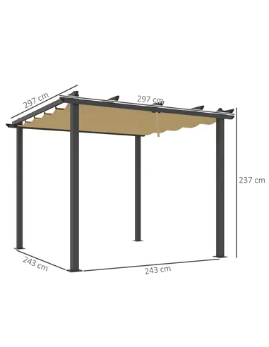 Outsunny 3 x 3m Aluminium Pergola, with Retractable Roof - Khaki