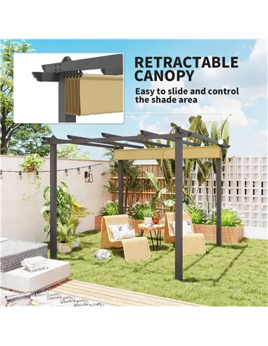Outsunny 3 x 3m Aluminium Pergola, with Retractable Roof - Khaki