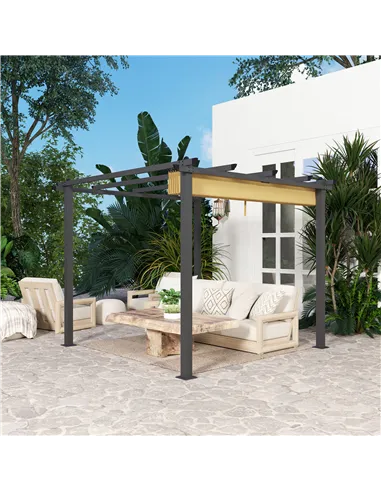 Outsunny 3 x 3m Aluminium Pergola, with Retractable Roof - Khaki