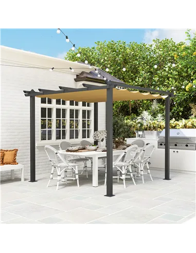 Outsunny 3 x 3m Aluminium Pergola, with Retractable Roof - Khaki