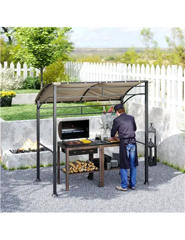 Outsunny 2.2 x 1.5 m BBQ Grill Gazebo Tent, Garden Grill with Metal Frame, Curved Canopy and 10 Hooks, Outdoor Sun Shade, Khaki