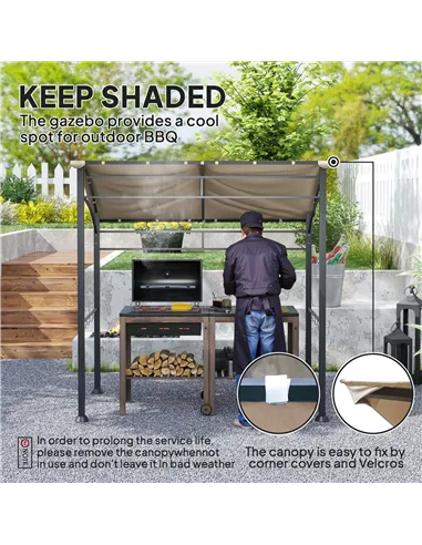 Outsunny 2.2 x 1.5 m BBQ Grill Gazebo Tent, Garden Grill with Metal Frame, Curved Canopy and 10 Hooks, Outdoor Sun Shade, Khaki