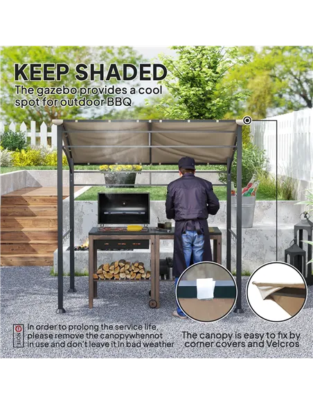 Outsunny 2.2 x 1.5 m BBQ Grill Gazebo Tent, Garden Grill with Metal Frame, Curved Canopy and 10 Hooks, Outdoor Sun Shade, Khaki