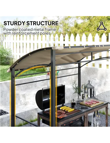 Outsunny 2.2 x 1.5 m BBQ Grill Gazebo Tent, Garden Grill with Metal Frame, Curved Canopy and 10 Hooks, Outdoor Sun Shade, Khaki