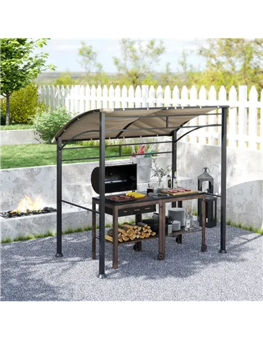 Outsunny 2.2 x 1.5 m BBQ Grill Gazebo Tent, Garden Grill with Metal Frame, Curved Canopy and 10 Hooks, Outdoor Sun Shade, Khaki