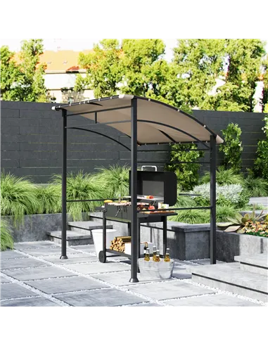 Outsunny 2.2 x 1.5 m BBQ Grill Gazebo Tent, Garden Grill with Metal Frame, Curved Canopy and 10 Hooks, Outdoor Sun Shade, Khaki