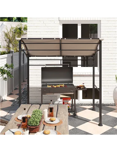 Outsunny 2.2 x 1.5 m BBQ Grill Gazebo Tent, Garden Grill with Metal Frame, Curved Canopy and 10 Hooks, Outdoor Sun Shade, Khaki