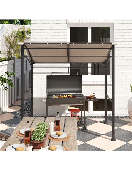 Outsunny 2.2 x 1.5 m BBQ Grill Gazebo Tent, Garden Grill with Metal Frame, Curved Canopy and 10 Hooks, Outdoor Sun Shade, Khaki